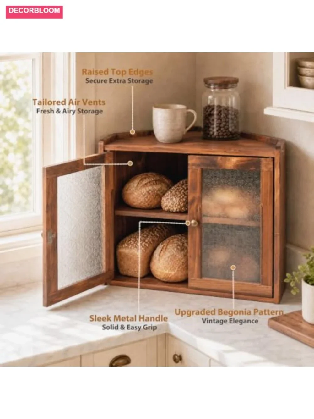 Corner Bread Box 2-Tier Wooden with Acrylic Windows, Kitchen Countertop